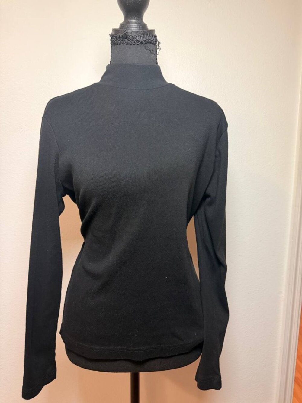 Kim Rogers Petite Black Mock Turtleneck Top Minimalist Basic 100% Cotton